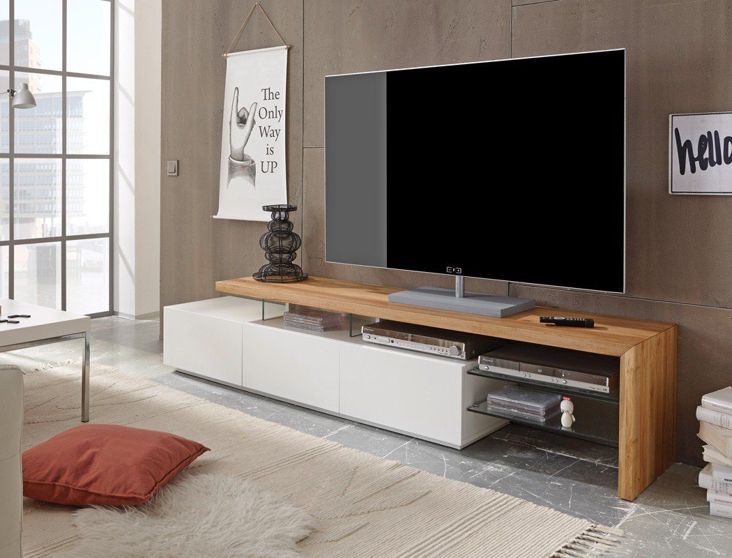 expendio TV-Board Alessa I, matt weiß / Asteiche geölt 204x40x44 cm mit Klarglasböden von expendio