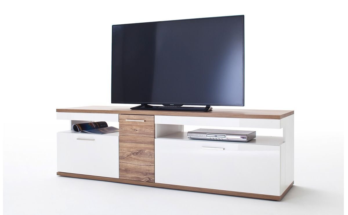 expendio TV-Board Lorenz 10, weiß Hochglanz / Sterling Oak 180x55x50 vormontiert mit Schubkästen von expendio