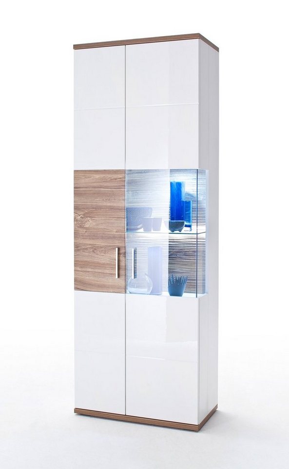 expendio Vitrine Lorenz 3 links weiß Hochglanz / Sterling Oak Nb. mit Beleuchtung + 3D-Rückwand expendio Vitrine Lorenz 3 links weiß Hochglanz / Sterling Oak Nb. mit Beleuchtung + 3D-Rückwand von expendio