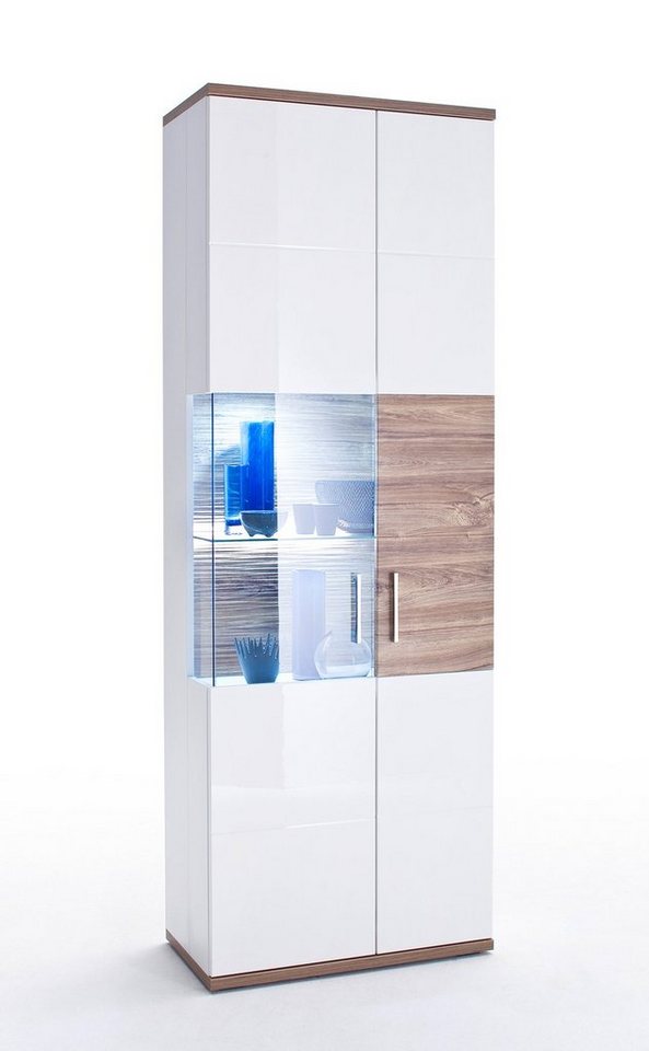 expendio Vitrine Lorenz 4 rechts weiß Hochglanz / Sterling Oak Nb. mit Beleuchtung + 3D-Rückwand von expendio