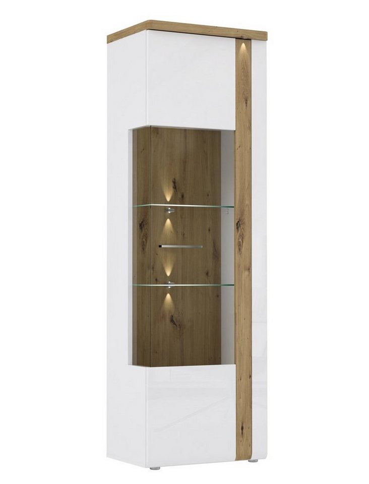 expendio Vitrine Talena 4 weiss Hochglanz / Artisan Eiche Nb. 67x196x44 cm mit Softclose u. LED von expendio
