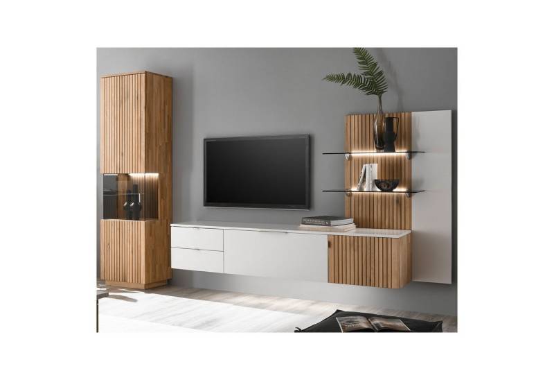 expendio Wohnwand Linda 21, (Spar-Set, 3-St), weiß-grau lackiert/ Eiche massiv bianco geölt300x204x42 cm von expendio