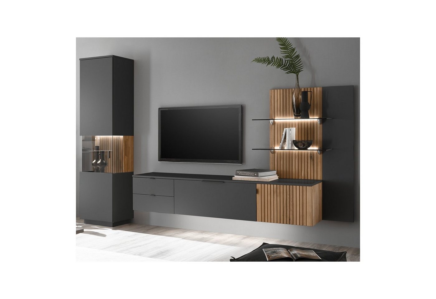 expendio Wohnwand Linda 22, (Spar-Set, 3-St), anthrazit lackiert/ Eiche massiv bianco geölt300x204x42 cm von expendio