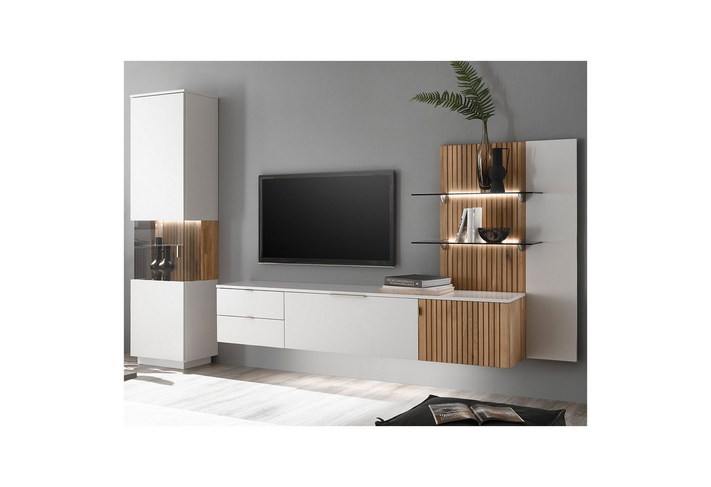 expendio Wohnwand Linda 22, (Spar-Set, 3-St), weiß-grau lackiert/ Eiche massiv bianco geölt300x204x42 cm von expendio