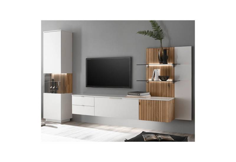 expendio Wohnwand Linda 22, (Spar-Set, 3-St), weiß-grau lackiert/ Eiche massiv bianco geölt300x204x42 cm von expendio