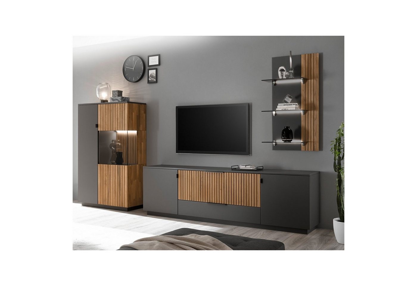 expendio Wohnwand Linda 23, (Spar-Set, 3-St), anthrazit lackiert/ Eiche massiv bianco geölt300x204x45 cm von expendio