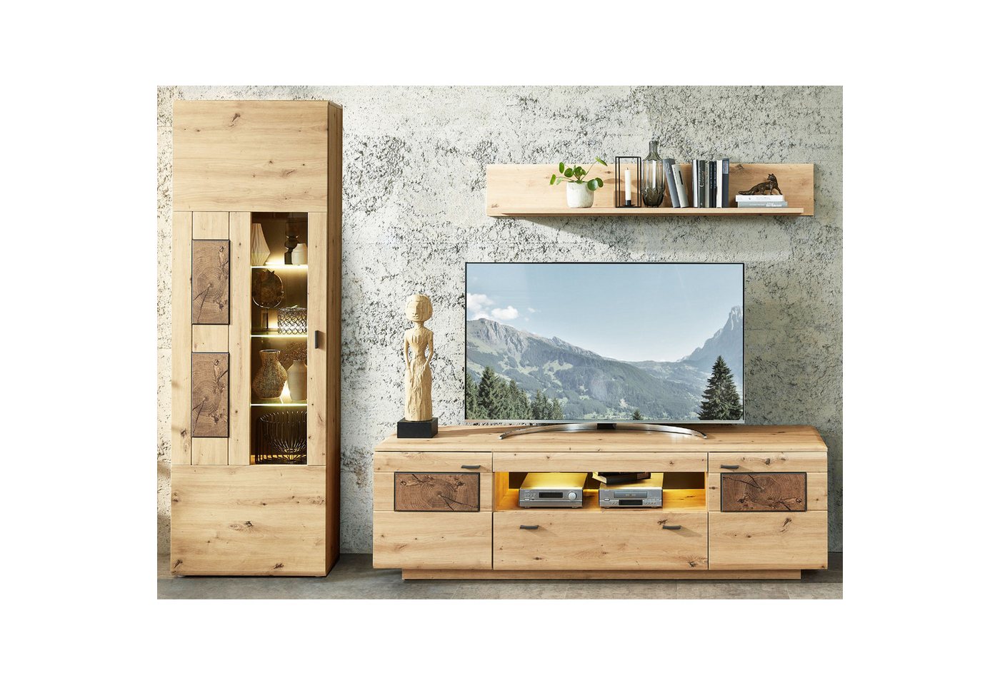 expendio Wohnwand Marian 25, (Spar-Set, 3-St), Artisan Eiche Nb. 270x201x47 cm mit Beleuchtung von expendio