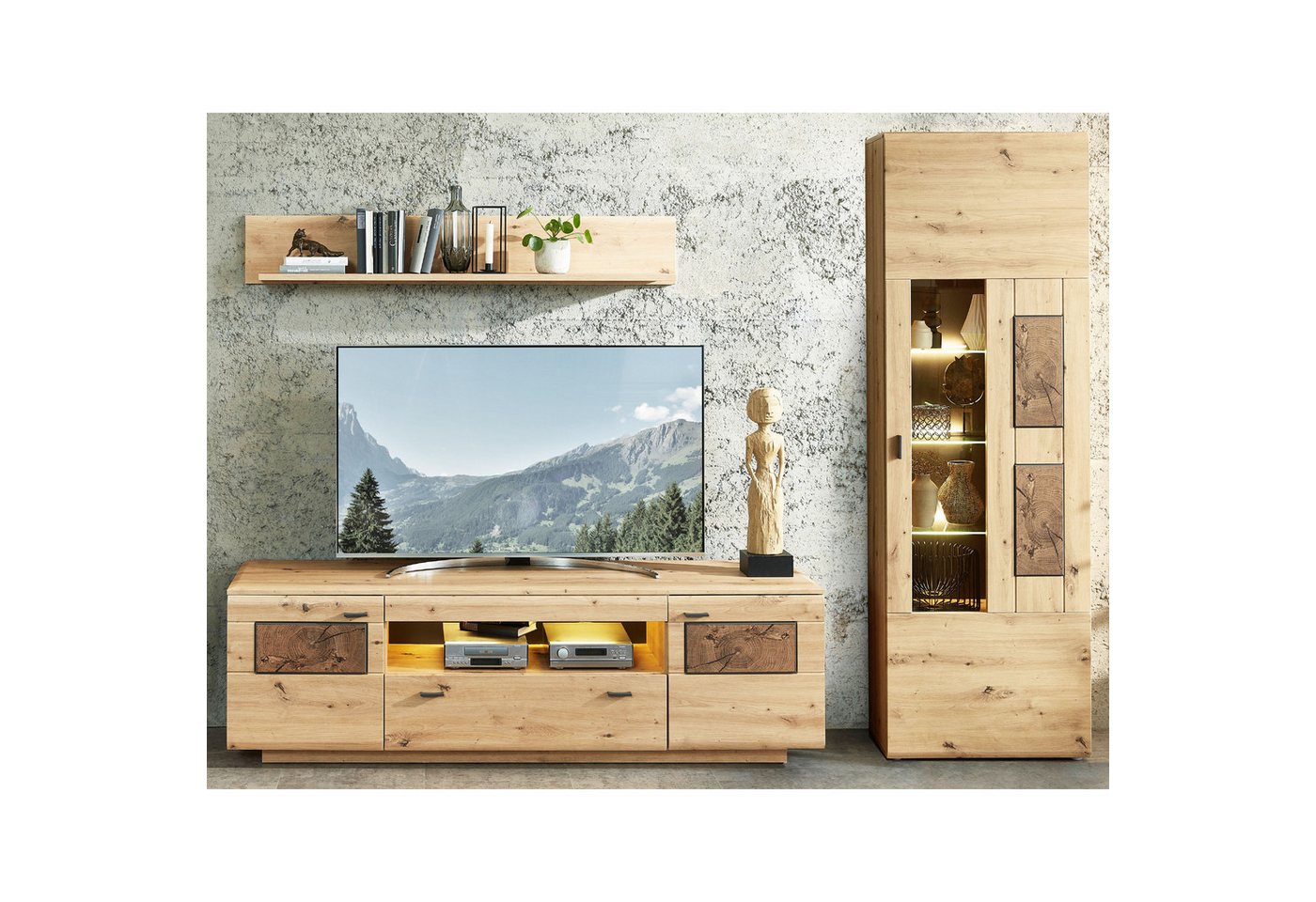 expendio Wohnwand Marian 26, (Spar-Set, 3-St), Artisan Eiche Nb. 270x201x47 cm mit Beleuchtung von expendio