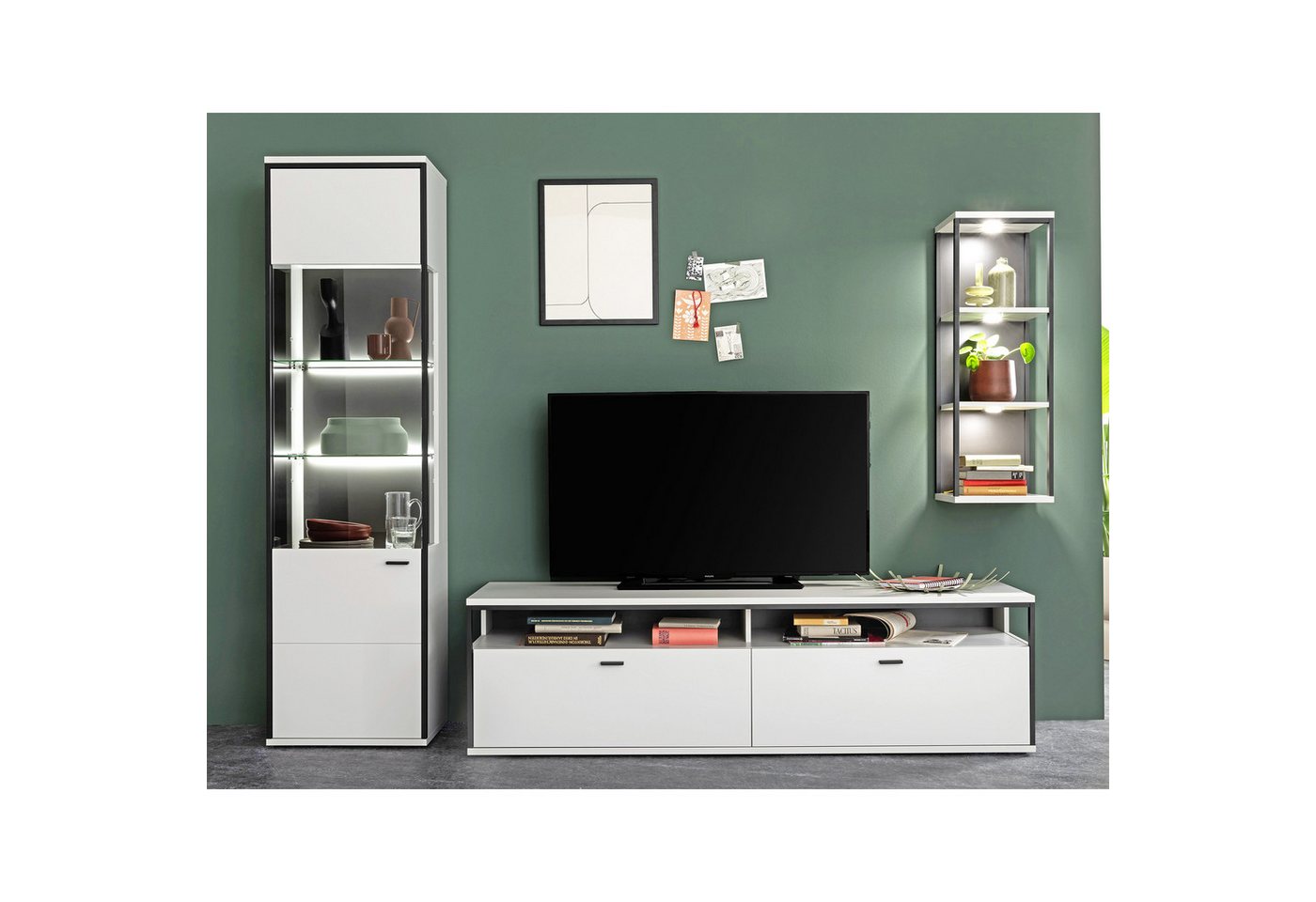 expendio Wohnwand Martha 20, (Spar-Set, 3-St), Modern white tiefgezogen / schwarzgrau, 265x199x38 cm von expendio