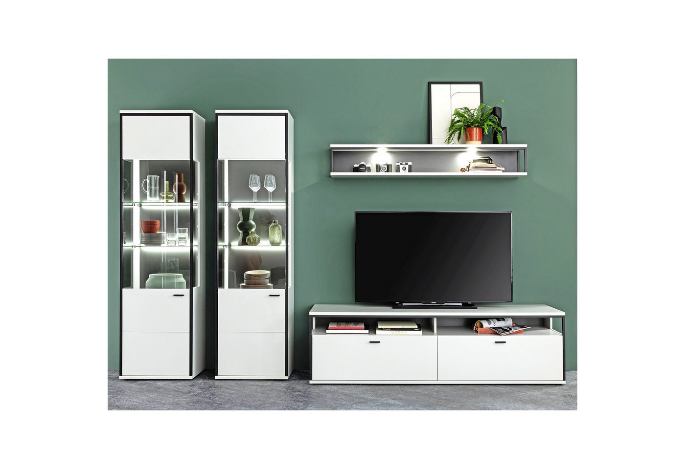 expendio Wohnwand Martha 22, (Spar-Set, 4-St), Modern white tiefgezogen / schwarzgrau, 312x199x38 cm von expendio