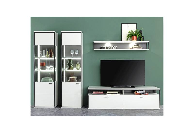 expendio Wohnwand Martha 22, (Spar-Set, 4-St), Modern white tiefgezogen / schwarzgrau, 312x199x38 cm von expendio