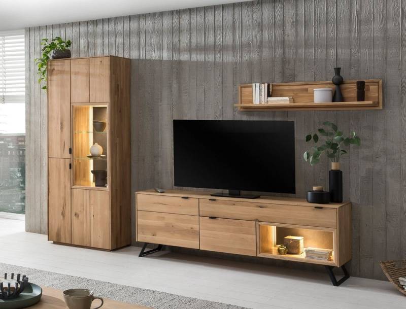 expendio Wohnwand Porto 20, (Spar-Set, 3-St), Eiche bianco massiv 285x203x45 cm mit Steinrückwand und Beleuchtung von expendio
