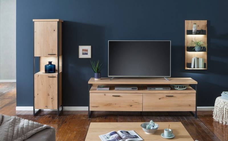 expendio Wohnwand Silvio 22, (Spar-Set, 3-St), Balkeneiche Bianco teilmassiv vormontiert auf Metallkufen von expendio