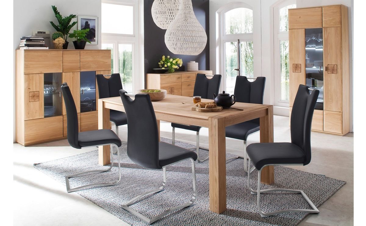 expendio Wohnzimmer-Set Bonn 140, (Spar-Set, 12-St), Eiche Bianco montiert mit Beleuchtung + 8x Schwingstuhl PU schwarz von expendio