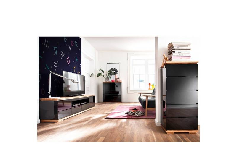 expendio Wohnzimmer-Set Cindro 20, (Spar-Set, 3-St), schwarz Hochglanz / Deckplatte: Asteiche massiv, geölt von expendio