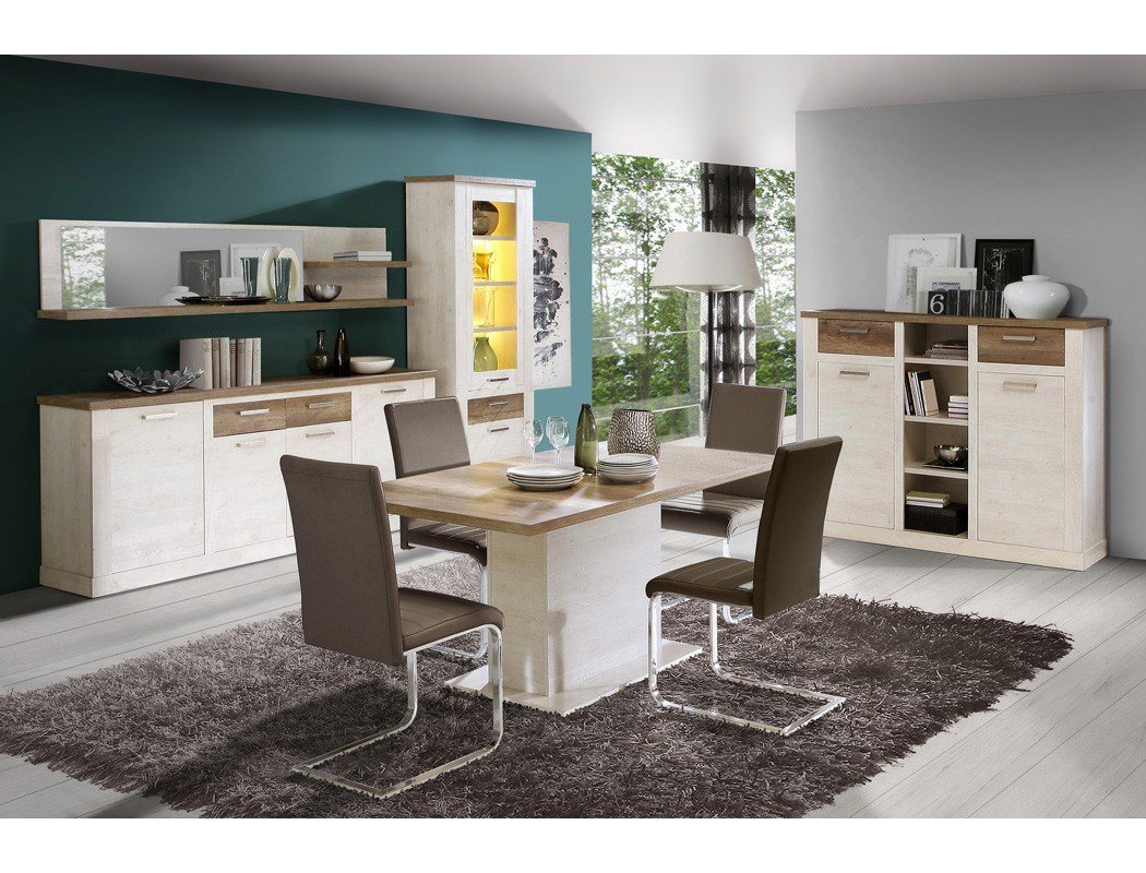 expendio Wohnzimmer-Set Durio 40, (Spar-Set, 5-St), Pinie weiss 160(200)x90 cm mit Synchronauszug und LED-Beleuchtung von expendio