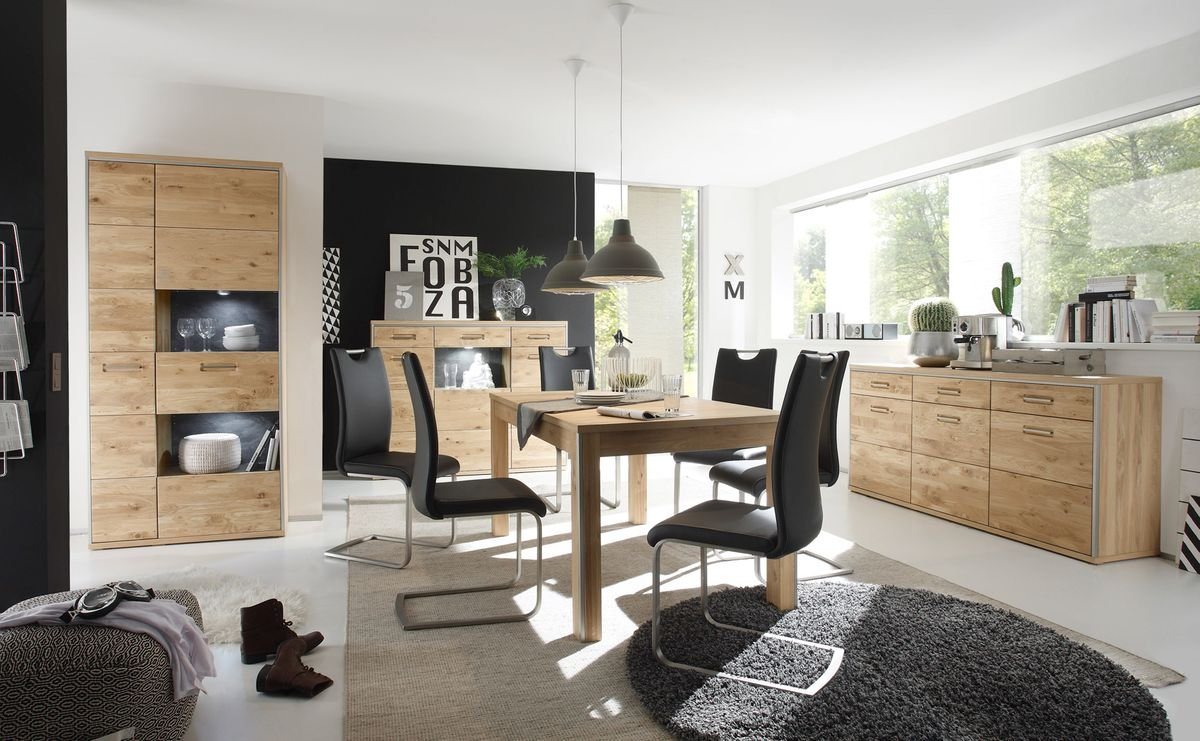 expendio Wohnzimmer-Set Esma 140, (Spar-Set, 12-St), Asteiche bianco montiert LED + Softclose + 8x Stuhl Kunstleder schwarz von expendio