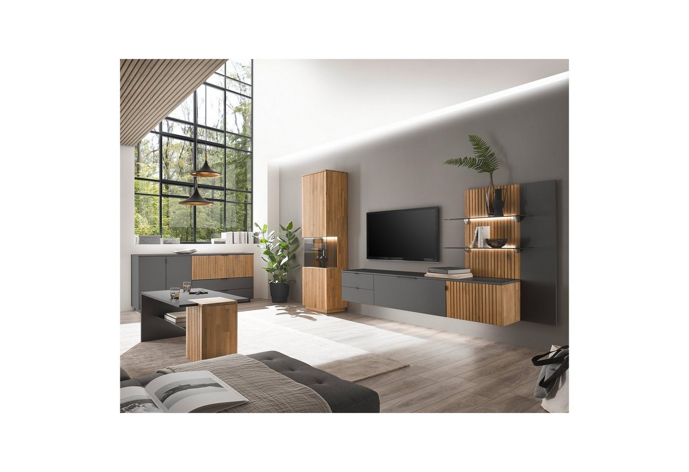 expendio Wohnzimmer-Set Linda 31, (Spar-Set, 5-St), anthrazit lackiert/ Eiche massiv bianco geölt von expendio