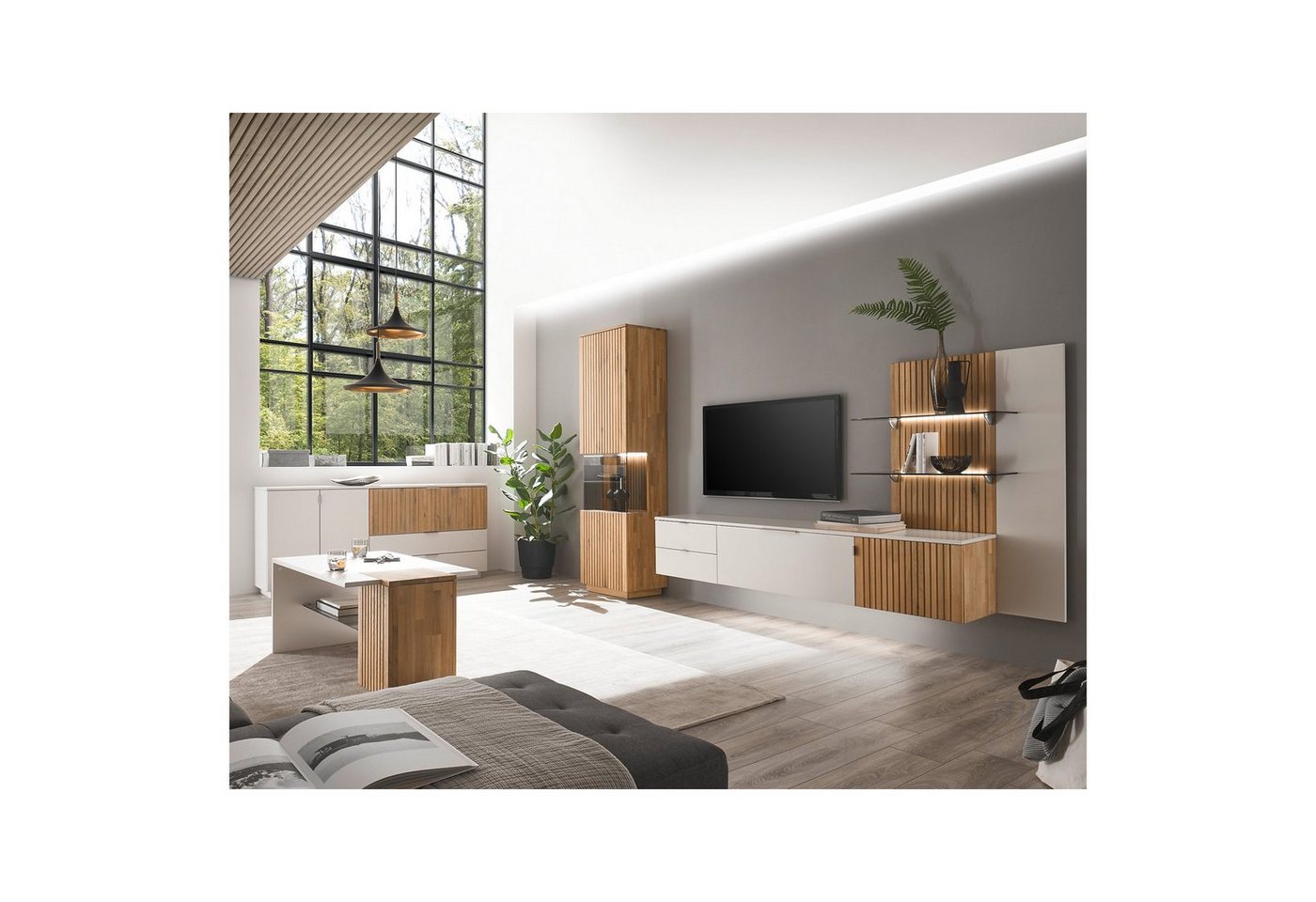 expendio Wohnzimmer-Set Linda 31, (Spar-Set, 5-St), weiß-grau lackiert/ Eiche massiv bianco geölt von expendio