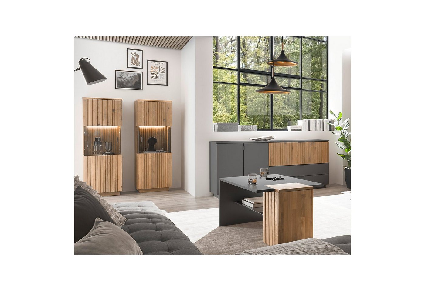 expendio Wohnzimmer-Set Linda 51, (Spar-Set, 4-St), anthrazit lackiert/ Eiche massiv bianco geölt von expendio
