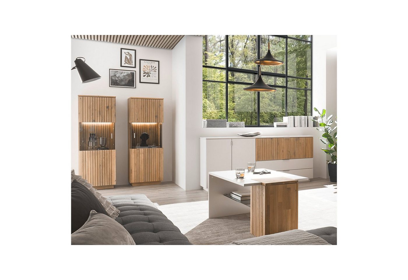 expendio Wohnzimmer-Set Linda 51, (Spar-Set, 4-St), weiß-grau lackiert/ Eiche massiv bianco geölt von expendio