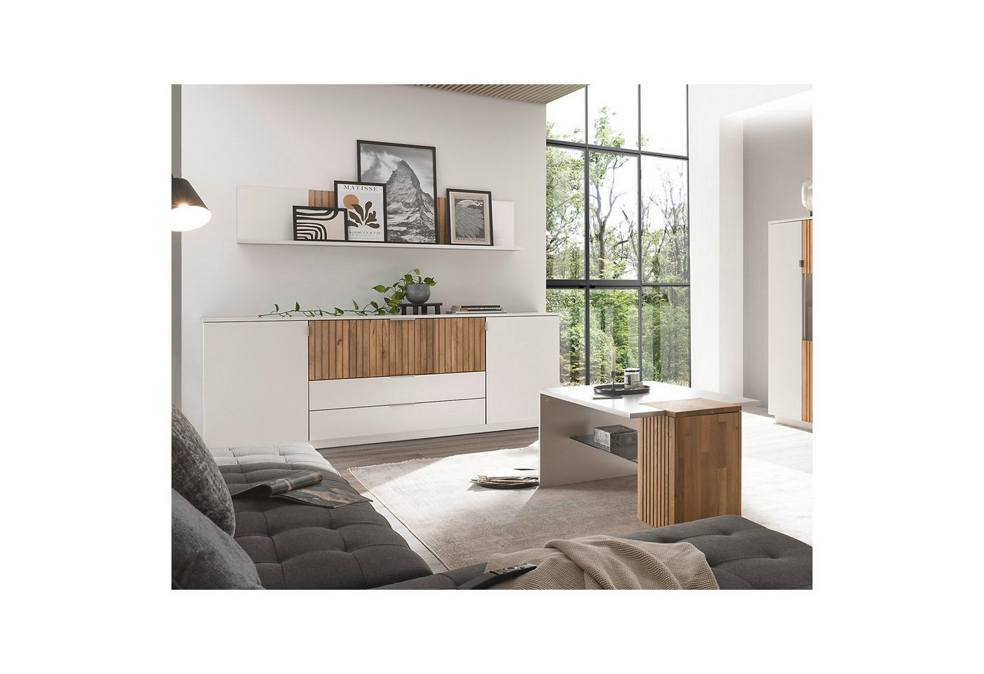 expendio Wohnzimmer-Set Linda 52, (Spar-Set, 3-St), weiß-grau lackiert/ Eiche massiv bianco geölt von expendio