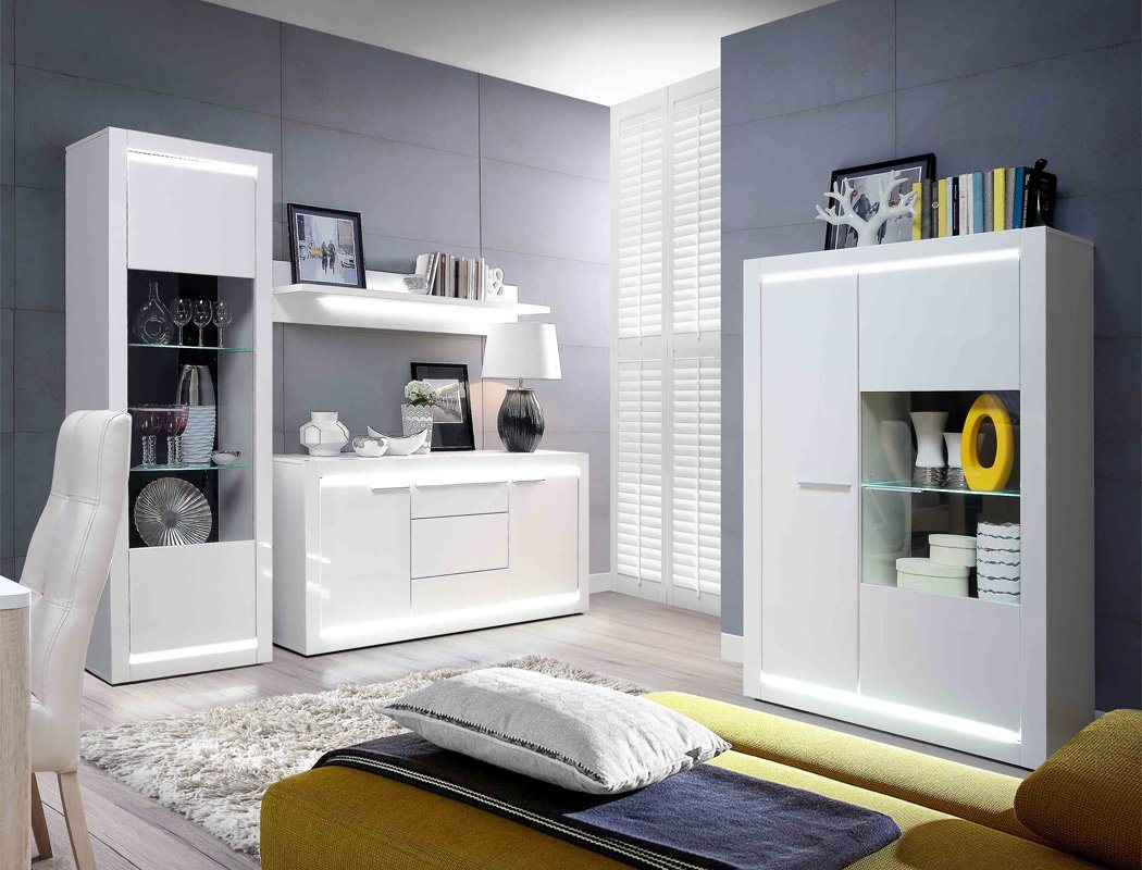 expendio Wohnzimmer-Set Livorno 31, (Spar-Set, 4-St), weiß Hochglanz mit LED-Lichtleisten und Glasbodenbeleuchtung von expendio