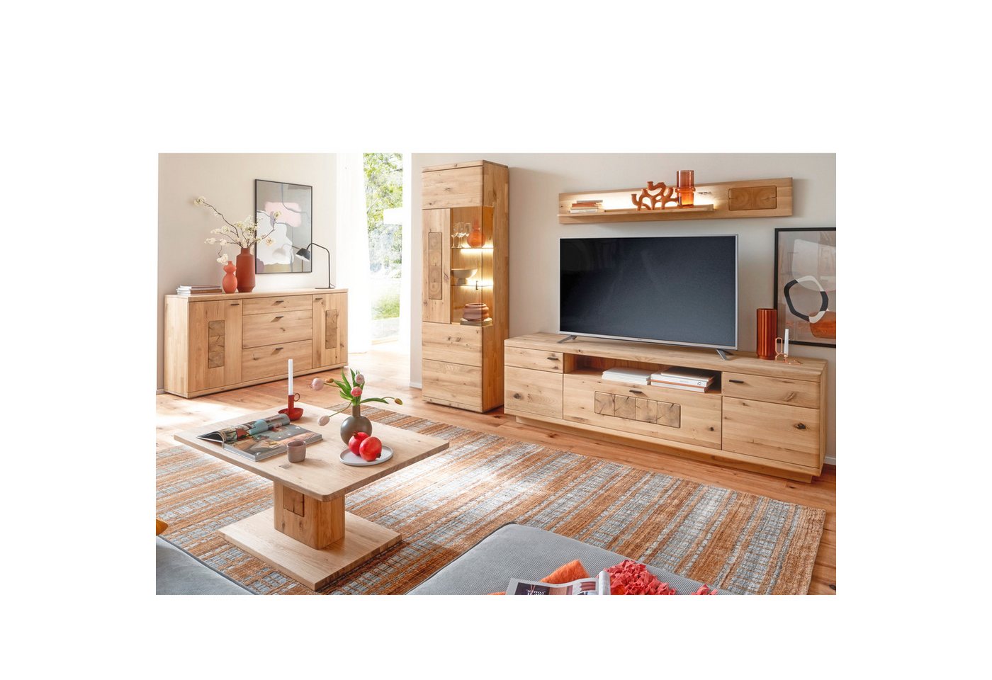 expendio Wohnzimmer-Set Paige 20, (Spar-Set, 5-St), Ast/Balkeneiche massiv durchgehende Lamelle in Kristalleiche geölt von expendio