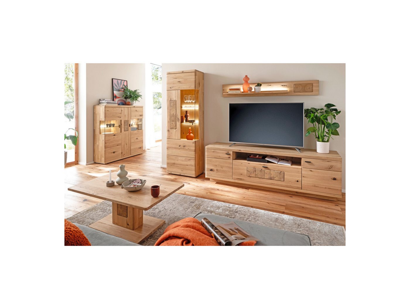 expendio Wohnzimmer-Set Paige 21, (Spar-Set, 5-St), Ast/Balkeneiche massiv durchgehende Lamelle in Kristalleiche geölt von expendio
