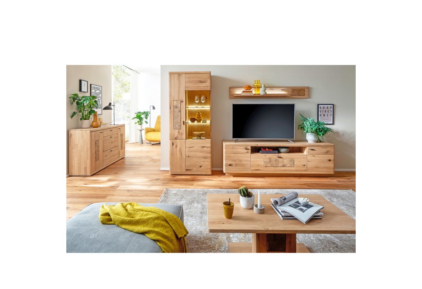 expendio Wohnzimmer-Set Paige 22, (Spar-Set, 5-St), Ast/Balkeneiche massiv durchgehende Lamelle in Kristalleiche geölt von expendio