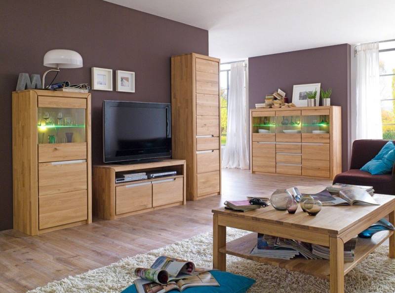 expendio Wohnzimmer-Set Pisa 51, (Spar-Set, 5-St), Eiche bianco massiv montiert mit Glaskantenbeleuchtung und Softclose von expendio