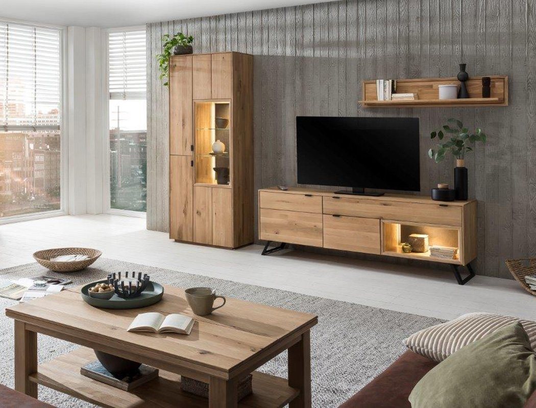 expendio Wohnzimmer-Set Porto 31, (Spar-Set, 4-St), Eiche bianco massiv mit Steinrückwand von expendio