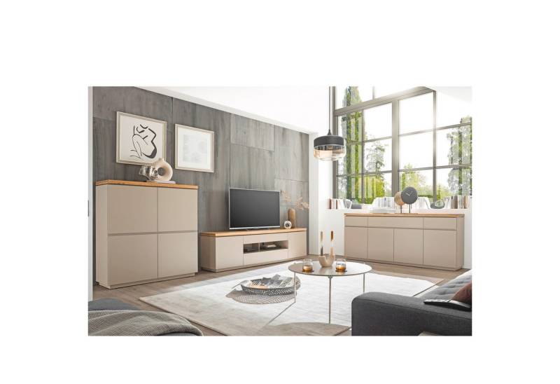 expendio Wohnzimmer-Set Previn 10, (Spar-Set, 3-St), warmgrau, matt lackiert / Deckplatte: Akazie massiv von expendio