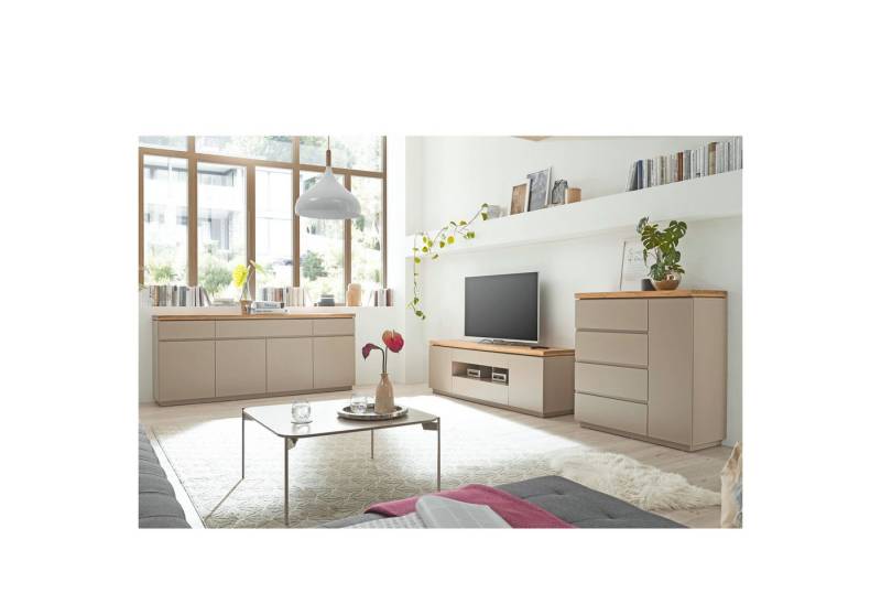 expendio Wohnzimmer-Set Previn 11, (Spar-Set, 3-St), warmgrau, matt lackiert / Deckplatte: Akazie massiv von expendio