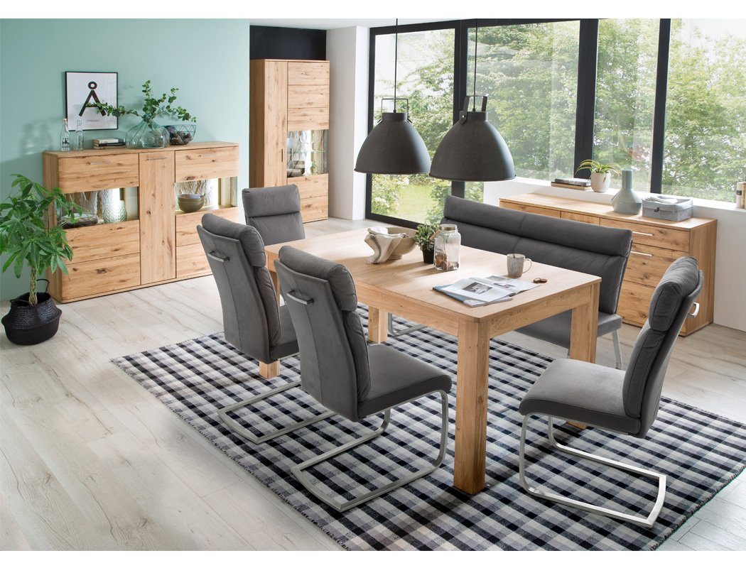 expendio Wohnzimmer-Set Samir 140, (Spar-Set, 9-St), Asteiche Bianco, Softclose + 4x Stuhl + Bank Ruby Antiklook grau von expendio