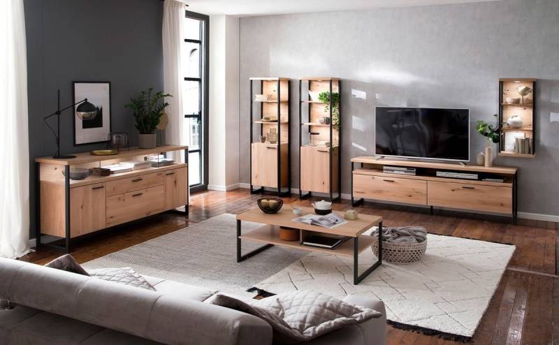 expendio Wohnzimmer-Set Silvio 31, (Spar-Set, 6-St), Balkeneiche Bianco teilmassiv vormontiert auf Metallkufen von expendio