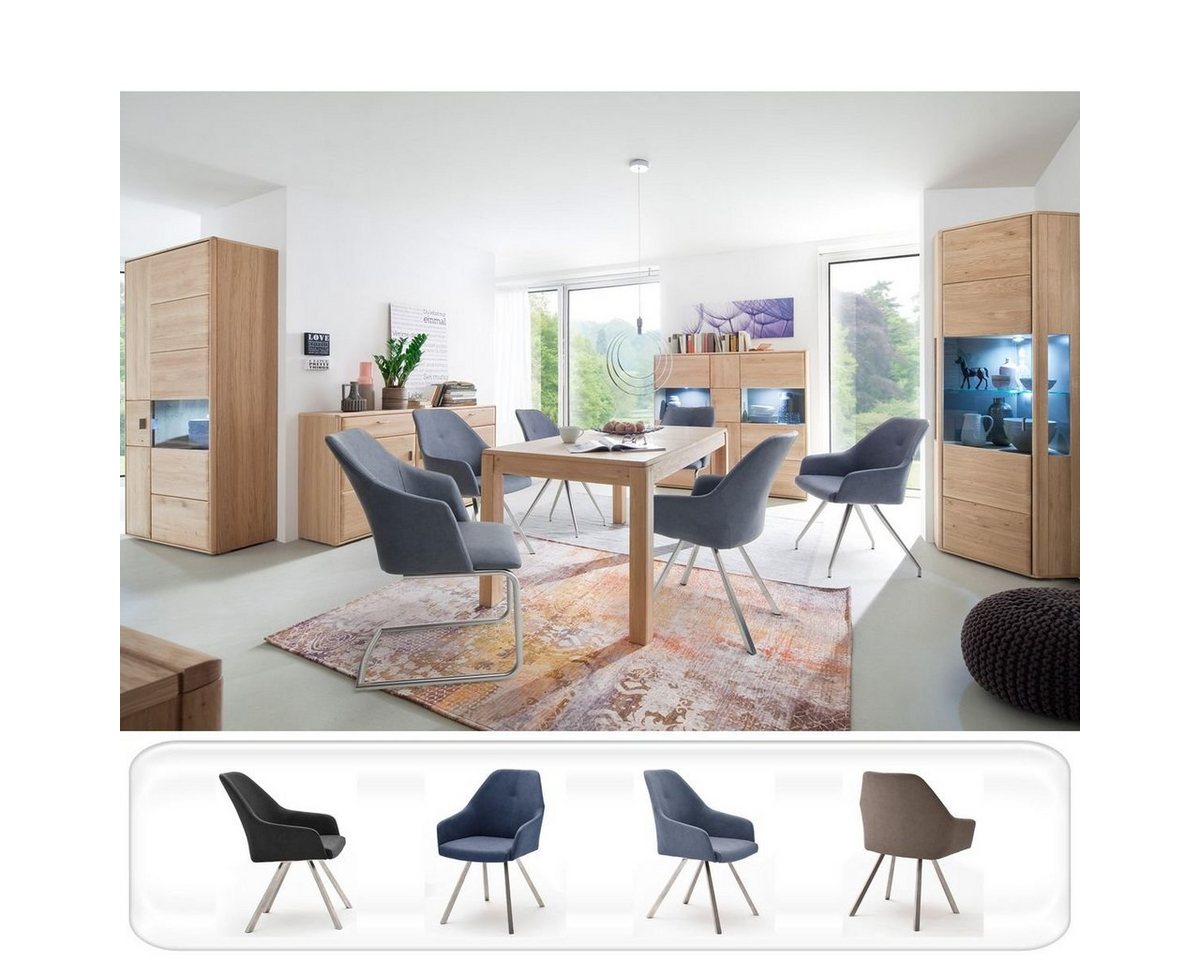 expendio Wohnzimmer-Set Torrent 140, (Spar-Set, 13-St), Eiche bianco montiert LED + 8x Stuhl A1 Kunstleder graublau von expendio