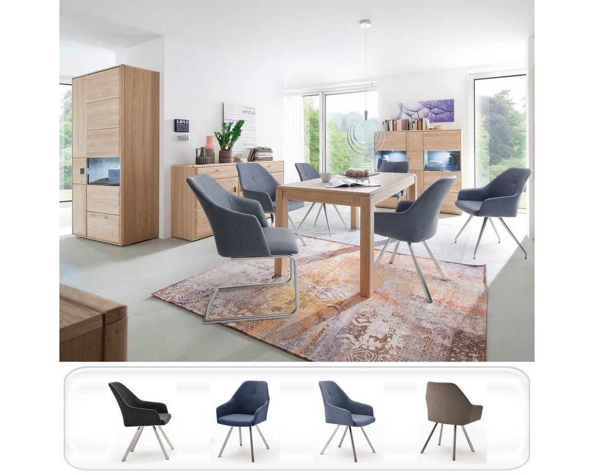 expendio Wohnzimmer-Set Torrent 143, (Spar-Set, 14-St), Eiche bianco montiert LED + 10x Stuhl A1 Kunstleder graublau von expendio