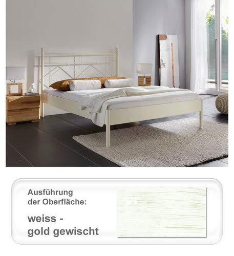 expendio hochwertiges Metallbett Pinar, Verschiedene Varianten, Bettgestell Jugendbett Doppelbett Singelbett Ehebett, Liegefläche:90 x 200 cm, Farben:weiß - Gold gewischt von expendio