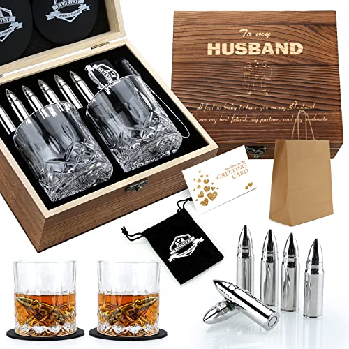 Exreizst Whisky Gläser Set Ehemann- Whiskey Zubehör Set - 6 Whisky Steine - 2 Gläser, Zange & 2 Untersetzer 1 samtartiger Aufbewahrungsbeutel einbegriffen mit Holz Geschenkbox von exreizst