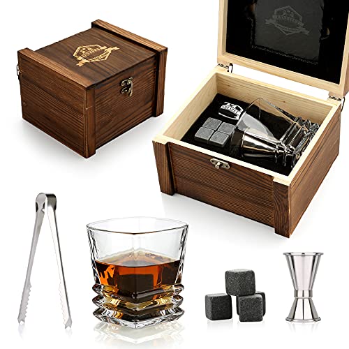 Whiskey-Steine-Geschenkset, Whiskeyglas und Steine, Granit kühlende Whiskey Rocks, Scotch Bourbon Glas Geschenk-Box-Set, beste Trinkgeschenke für Männer Papa Ehemann Geburtstag Party Urlaub Geschenk von exreizst