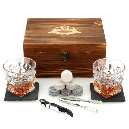 Whisky Stones and Glasses Gift Set, Whisky Rocks Chilling Stones in Handmade Wooden Box - Cool Drinks Without Dilution - Whisky Glasses Set of 2 Gift for Father, Husband, Men von exreizst