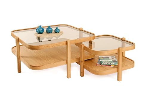 Eymense Alaska 2er-Set Couchtische – Geometrisches Design – MDF & transparentes Polycarbonat – Glasoptik – 90x90 cm & 60x60 cm (Eiche) von eymense ev & yaşam