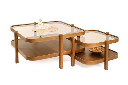 Eymense Alaska 2er-Set Couchtische – Geometrisches Design – MDF & transparentes Polycarbonat – Glasoptik – 90x90 cm & 60x60 cm (Nussbaum) von eymense ev & yaşam