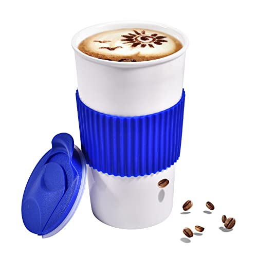 Einzigartige Keramiktasse ohne Griff mit Schiebedeckel und Silikonhülle in luxuriöser dunkelblauer Farbe, Reise-Must-Have-Kaffeetasse, 30 ml, splitterfest, blau-weiß von fMSDD