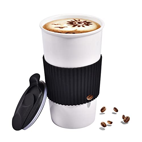 Keramik-Reise-Kaffeebecher mit Deckel, 340 ml, tägliche wiederverwendbare hohe Tasse mit spritzwassergeschütztem Deckel und Silikonhülle für Kaffee, Tee oder Milch, schwarz-weiß von fMSDD