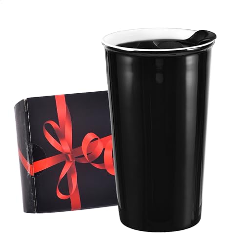 Keramik-Reisebecher, einzigartige To Go-Kaffeetasse mit spritzwassergeschütztem Deckel und farbiger Box, wiederverwendbar, doppelwandig, schwarz, Porzellan-Kaffeetasse, Geschenke für Damen, Herren, von fMSDD