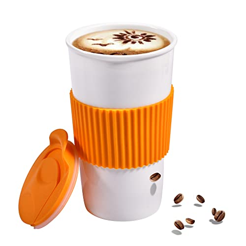 fMSDD Allround-Kaffeebecher mit Deckel und Silikonhülle, wiederverwendbar, isoliert, 340 ml, BPA-frei, Gesundheitsgeschenk, Orange-Weiß von fMSDD