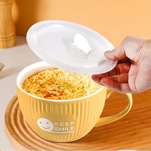fMSDD Keep Smile Große Suppentasse mit Deckel, lustige Ikone Ramen-Schüssel, Keramikschalen mit Griff und Deckel, 800 ml, Aprikosengelb von fMSDD