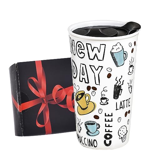 fMSDD Reise-Kaffeetasse aus Keramik mit Deckel, doppelwandig, hohe Tasse für unterwegs, für Auto-Becherhalter, spülmaschinenfest (New Day Coffee) von fMSDD
